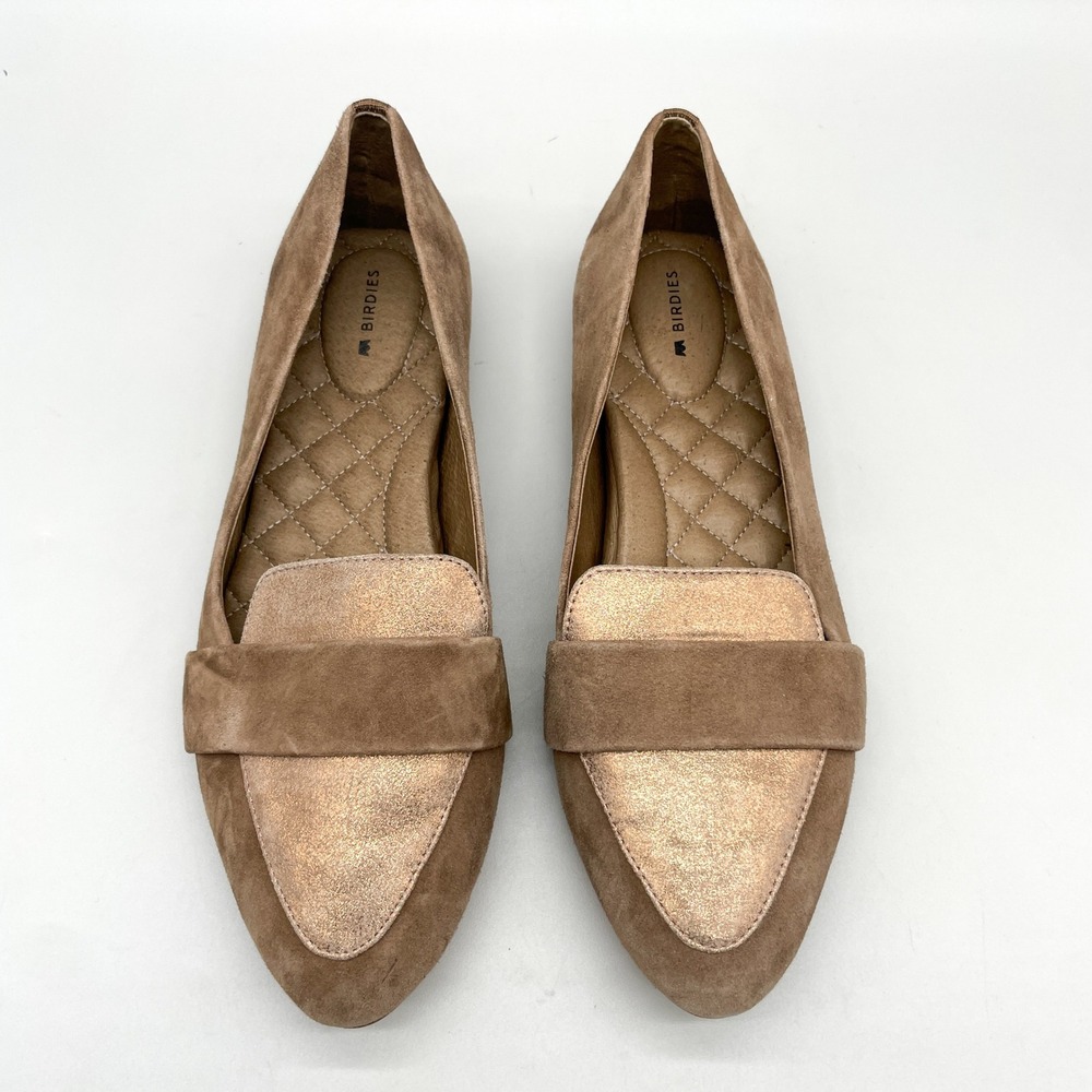 Birdies Womens 9.5 Blackbird Loafers Shoes Oak Shimmer Suede Preppy Office Chic